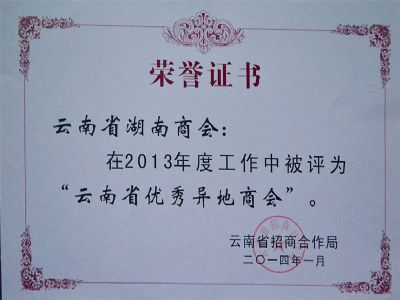 2013年云南省优秀异地商会证书